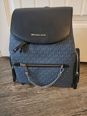 Michael Kors Navy and Black MK Logo Backpack with Chain Detail